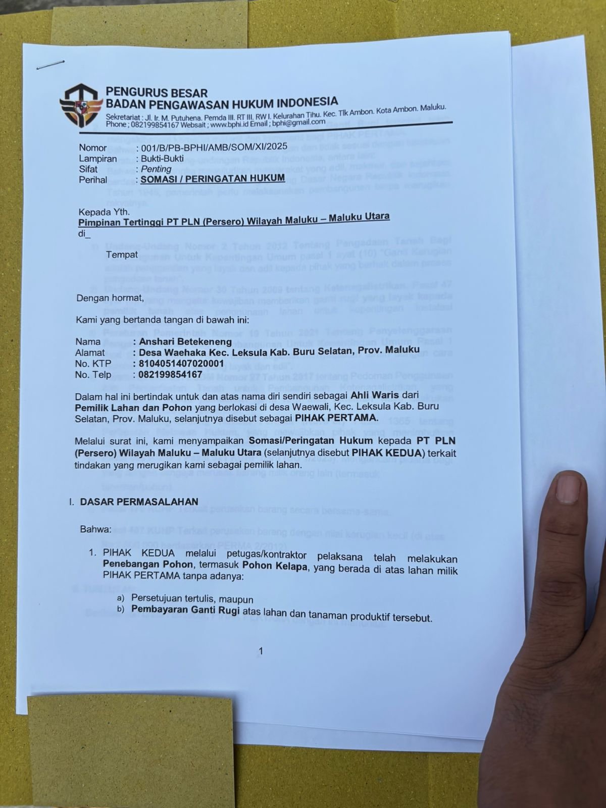 Direktur BPHI Layangkan Somasi Hukum ke PT PLN Wilayah Maluku–Maluku Utara 1 IMG 20251217 WA0141