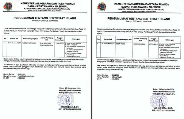 BPN Aru Umumkan Kehilangan 2 Sertipikat Tanah Warga Kelurahan Siwalima dan Dusun Marbali